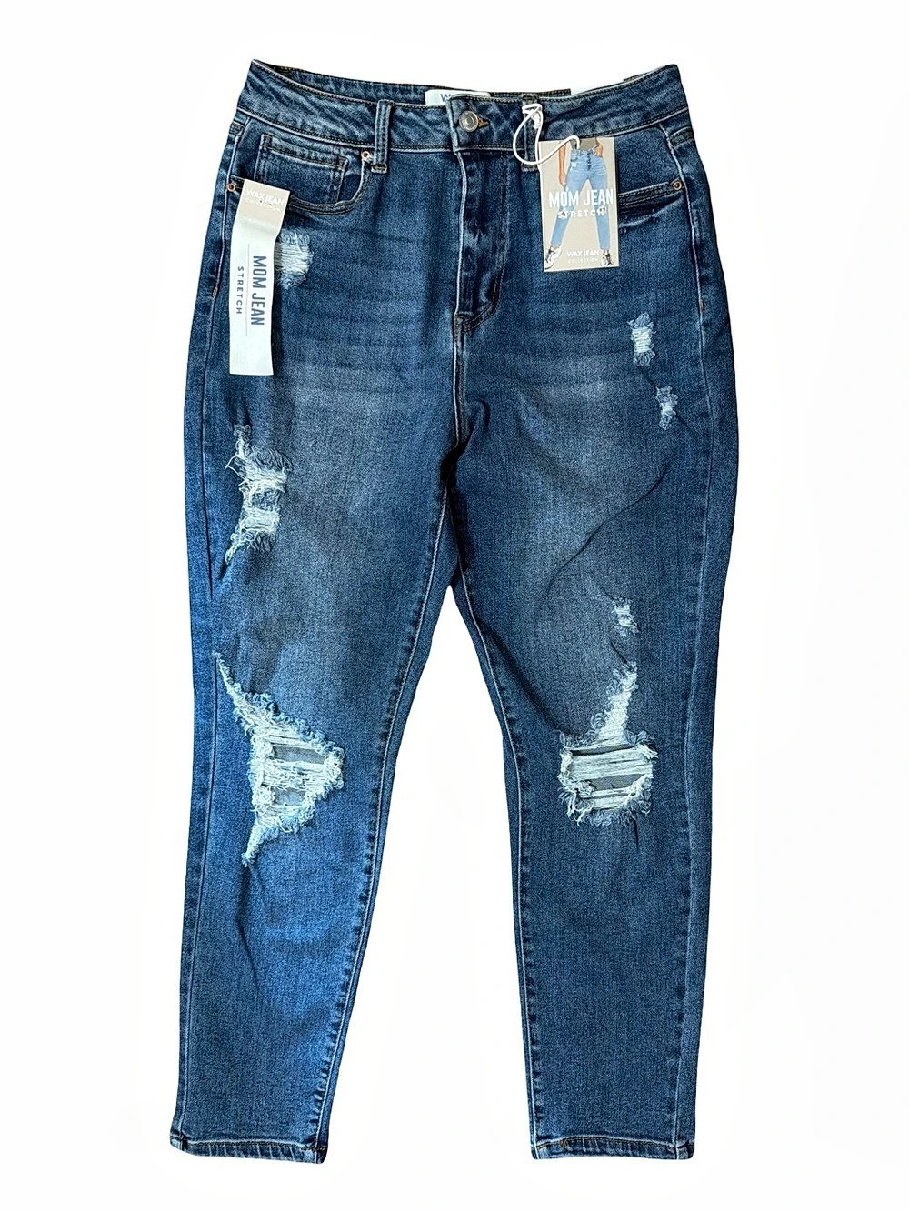 Wax Jean Mom Jean Stretch Distressed Blue Jeans-Size 9
